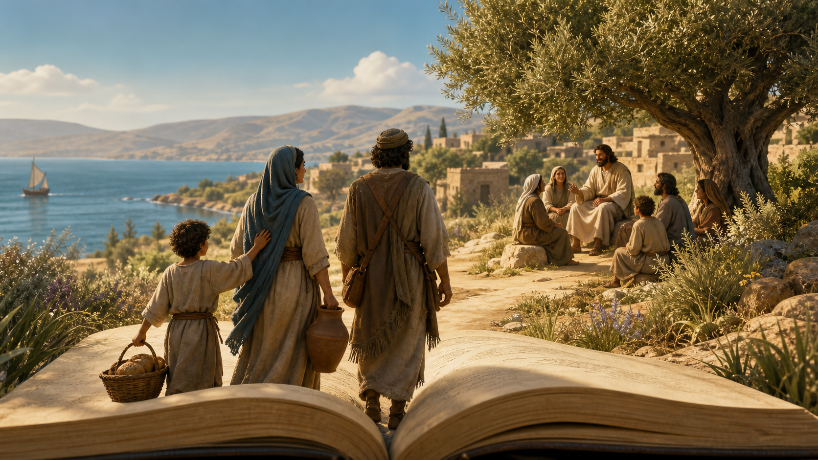 An open Bible becomes a sunlit village path, where a child and companions encounter Jesus teaching beneath an olive tree.