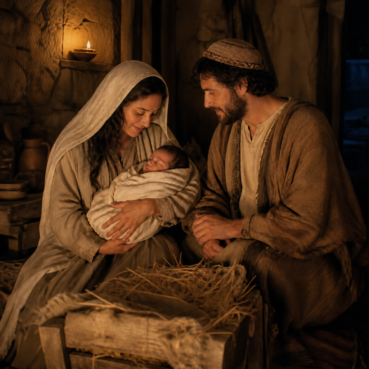 Mary and Joseph lovingly watch the swaddled infant Jesus beside a manger.