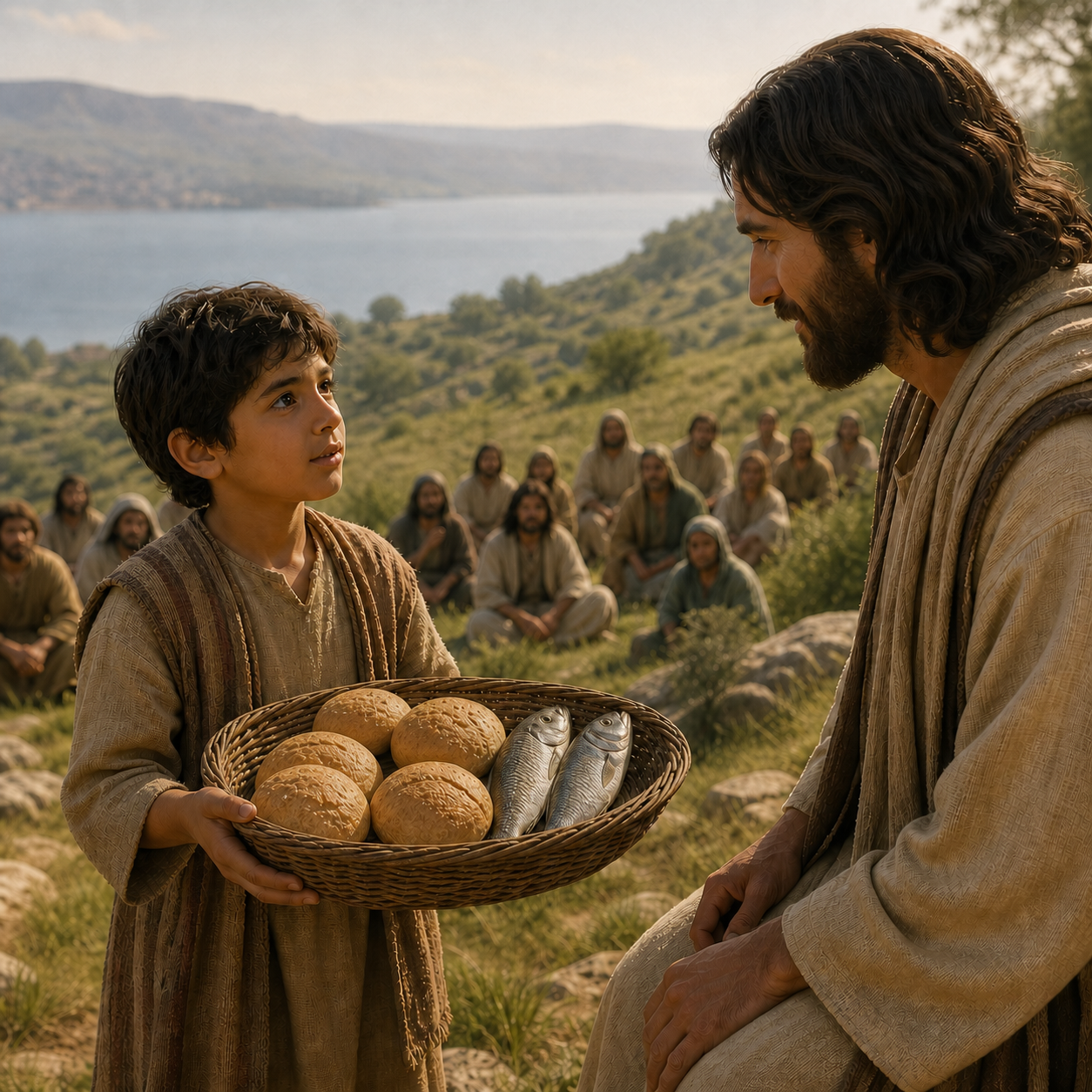 A boy offers a basket of bread and fish near Jesus and a gathered crowd.