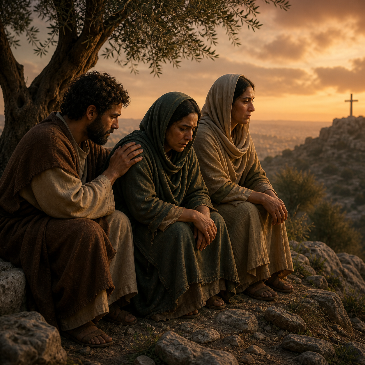 Grieving companions sit together in support, with a distant cross beyond them.