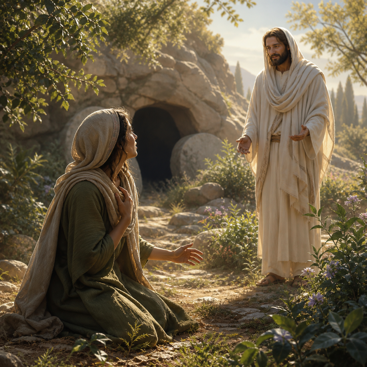 Mary Magdalene encounters the risen Jesus beside the open garden tomb.