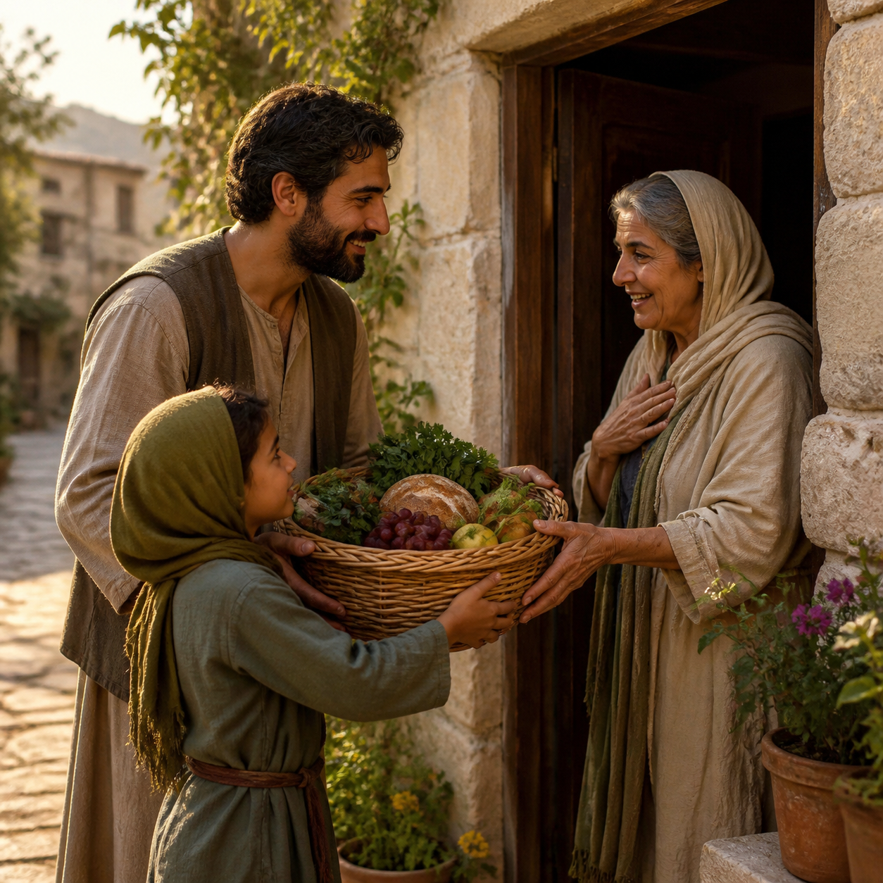 An adult and child bring a basket of food to an older neighbor.