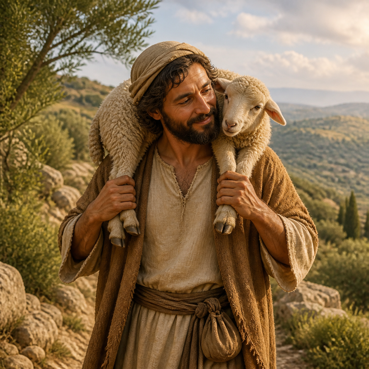 A shepherd carries a recovered sheep home across his shoulders.