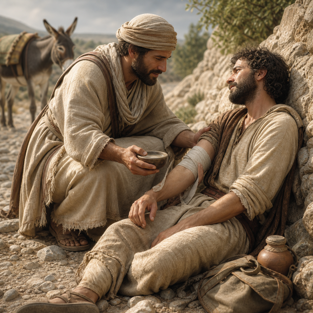 A Samaritan stops to tend an injured traveler beside the road.
