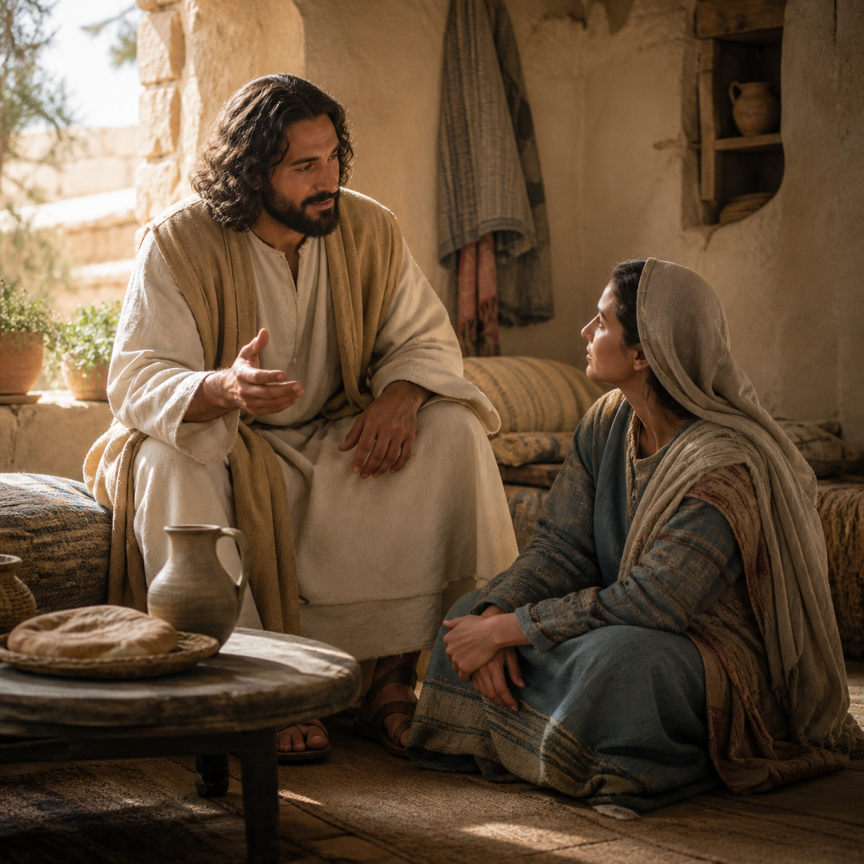 Mary sits near Jesus and listens in a quiet home.