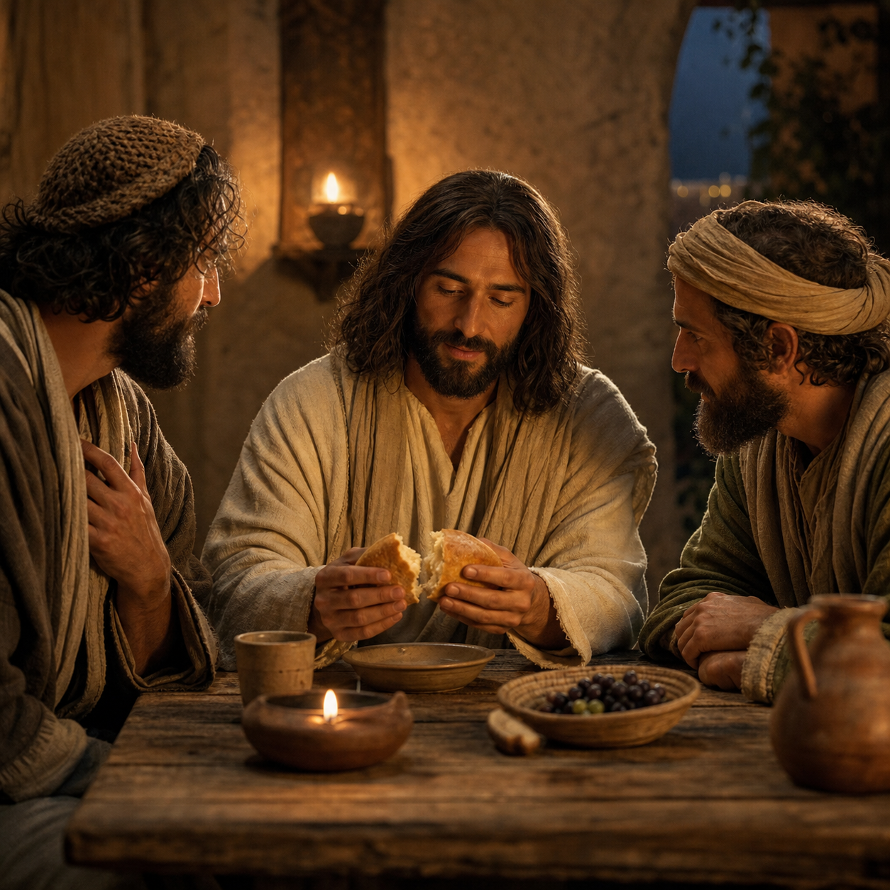 Two travelers recognize Jesus as he breaks bread at their table.