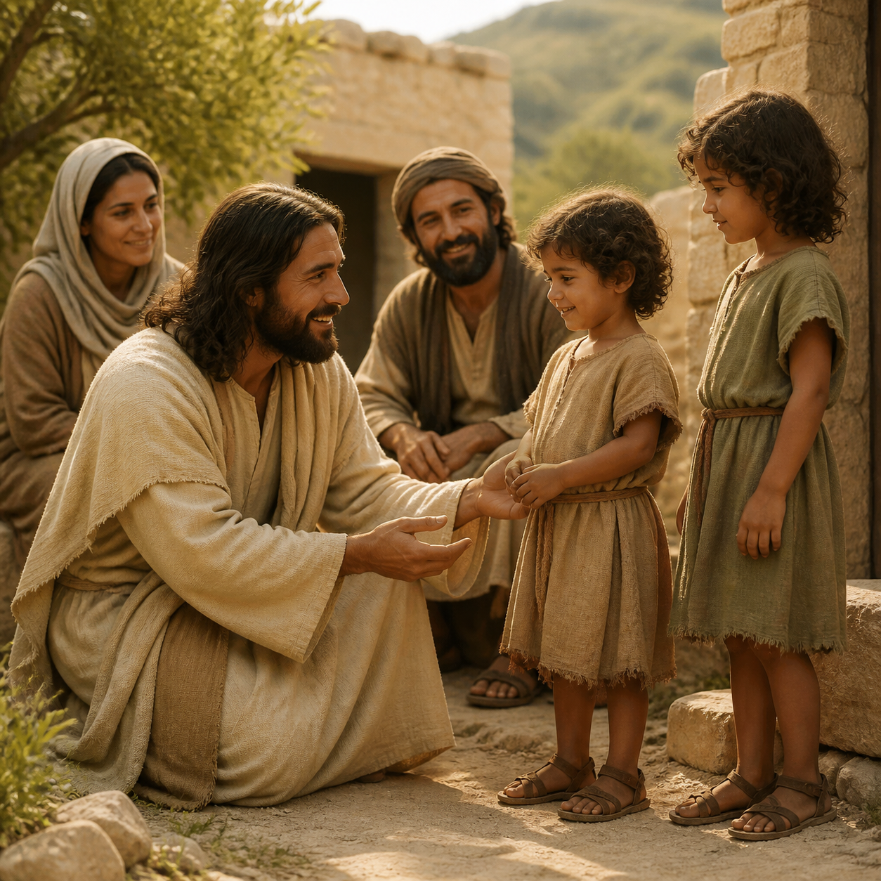 Jesus welcomes young children at their own eye level.