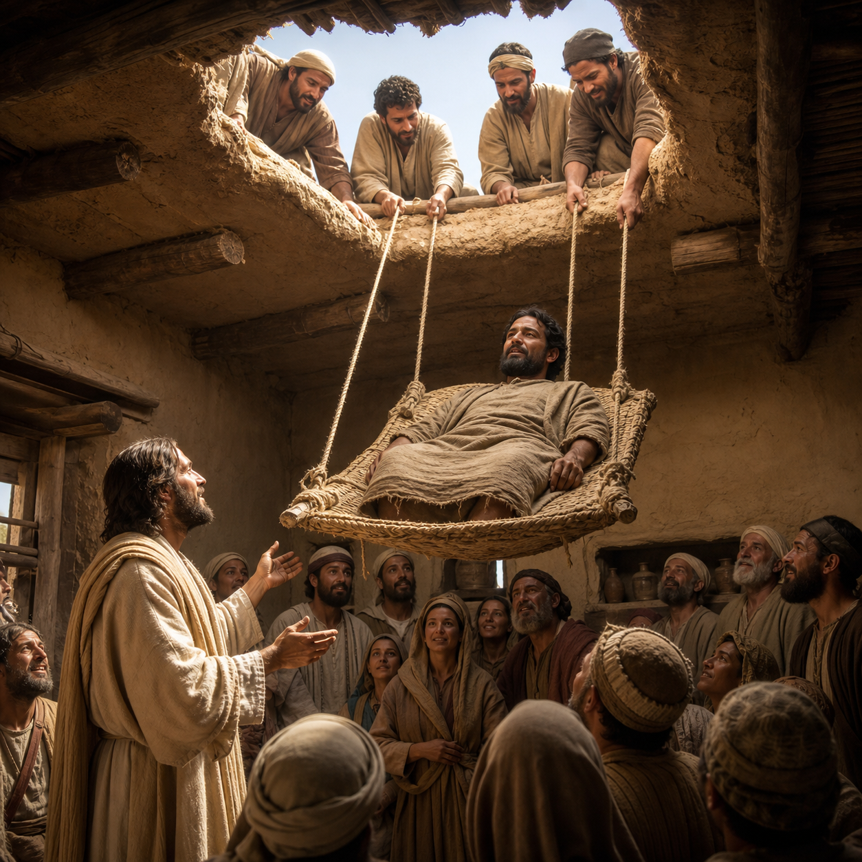 Four helpers lower a man on a supported mat through a roof opening toward Jesus.