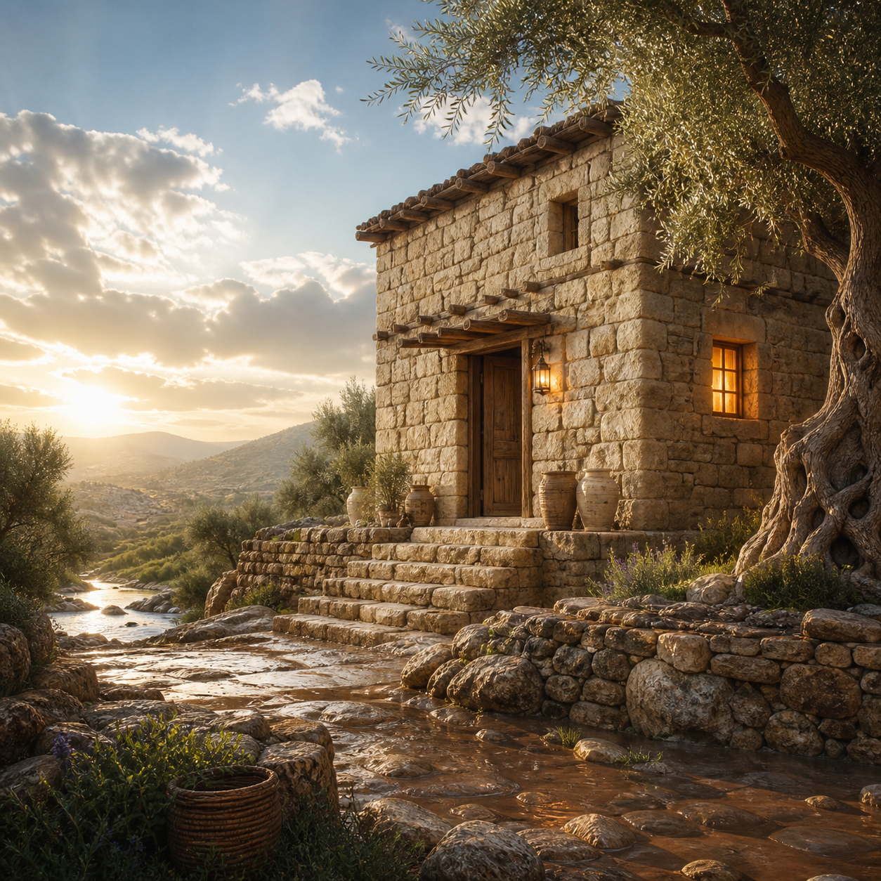 A stone house stands on solid rock beside a stream after rain.