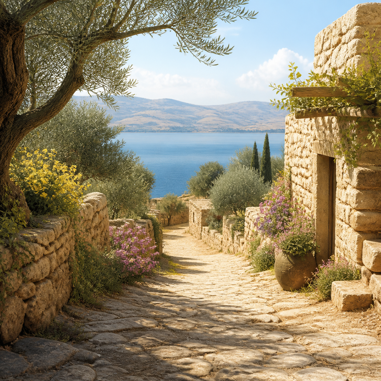 A quiet stone village path opens toward the blue lake in morning light.