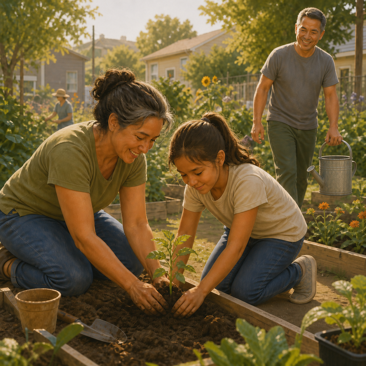Neighbors of different ages help tend a small community garden in warm morning light.