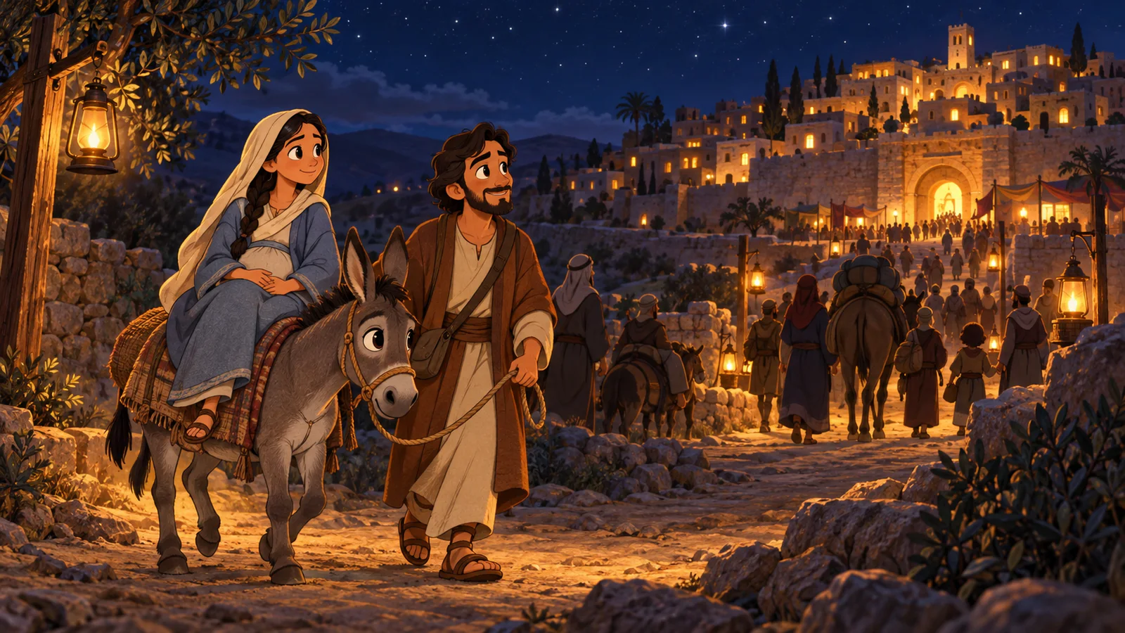 Illustrated scenes of Mary, Joseph and the shepherds in Luke 2